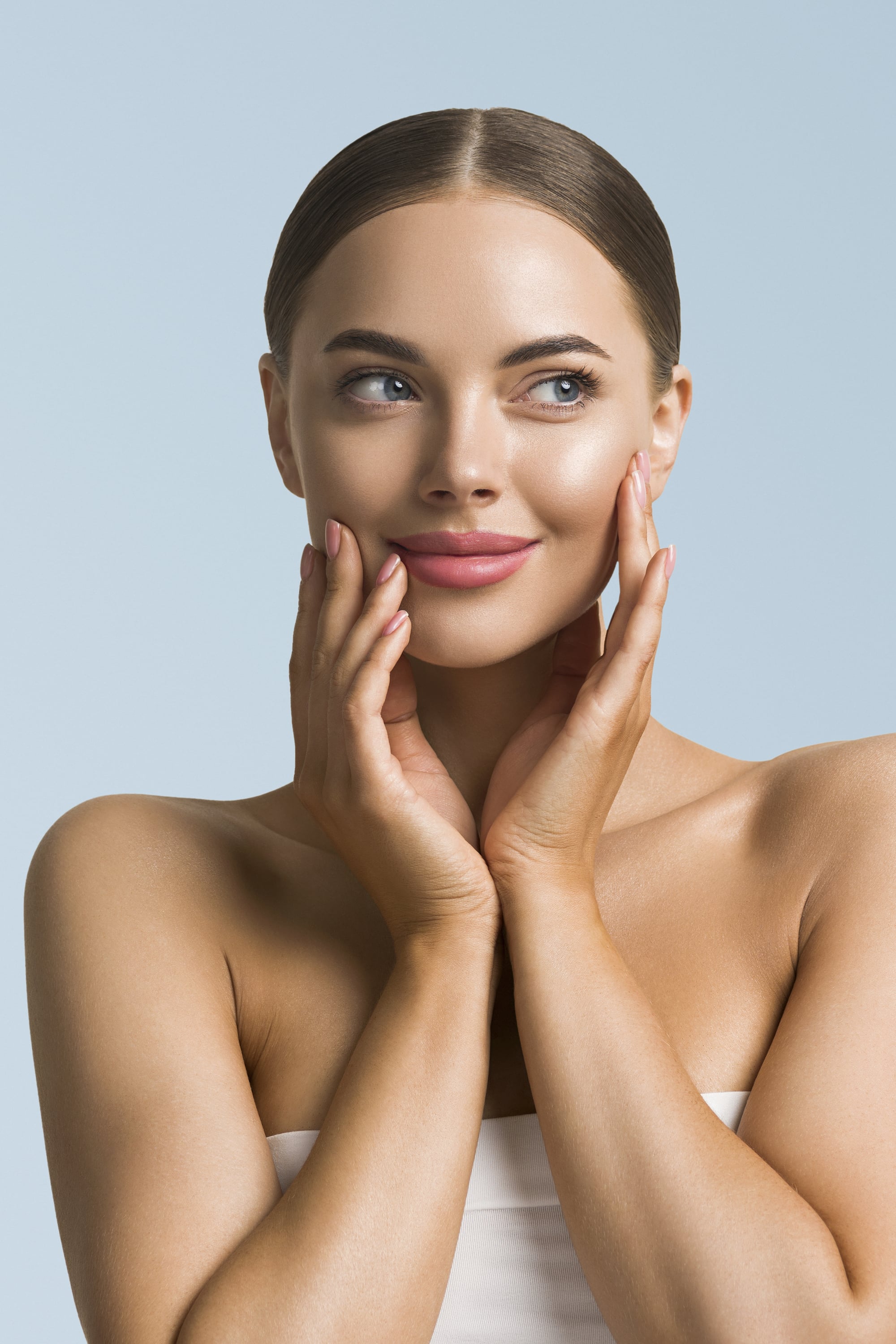 Beauty woman skin care beautiful female hand touching face cosme